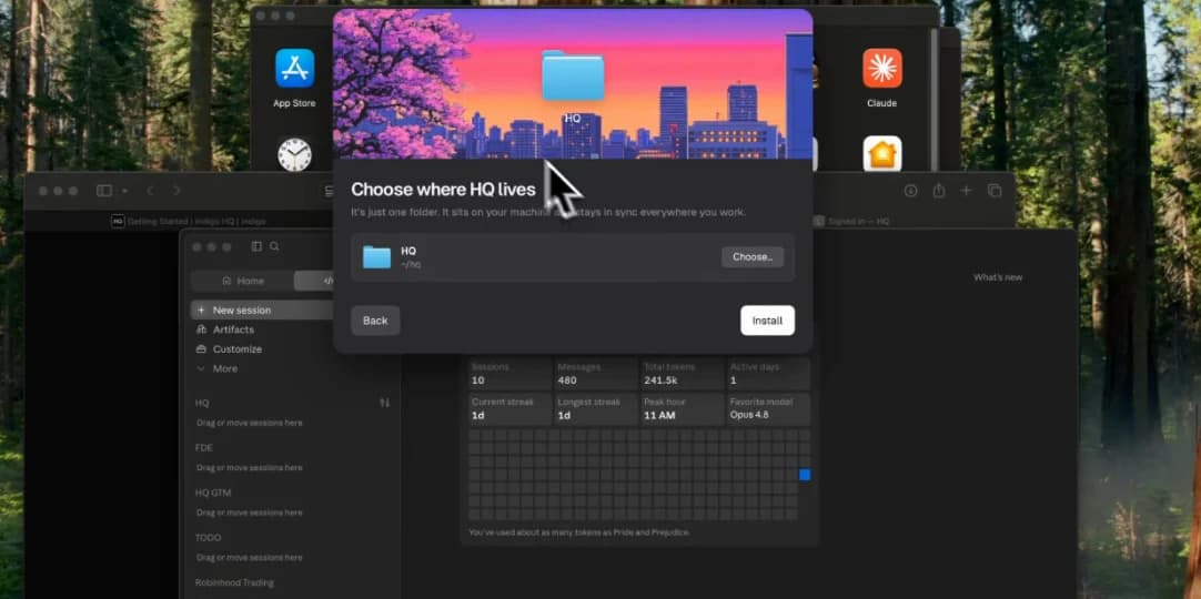 HQ Installer dialog titled Choose where HQ lives with the default folder and Install button.