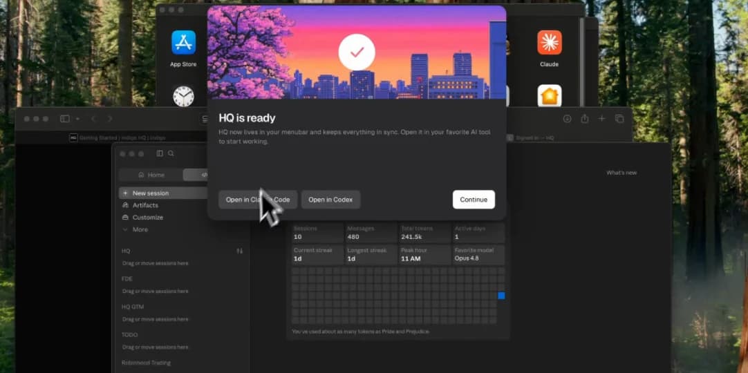 HQ Installer success screen reading HQ is ready with Open in Claude and Open in Codex controls.